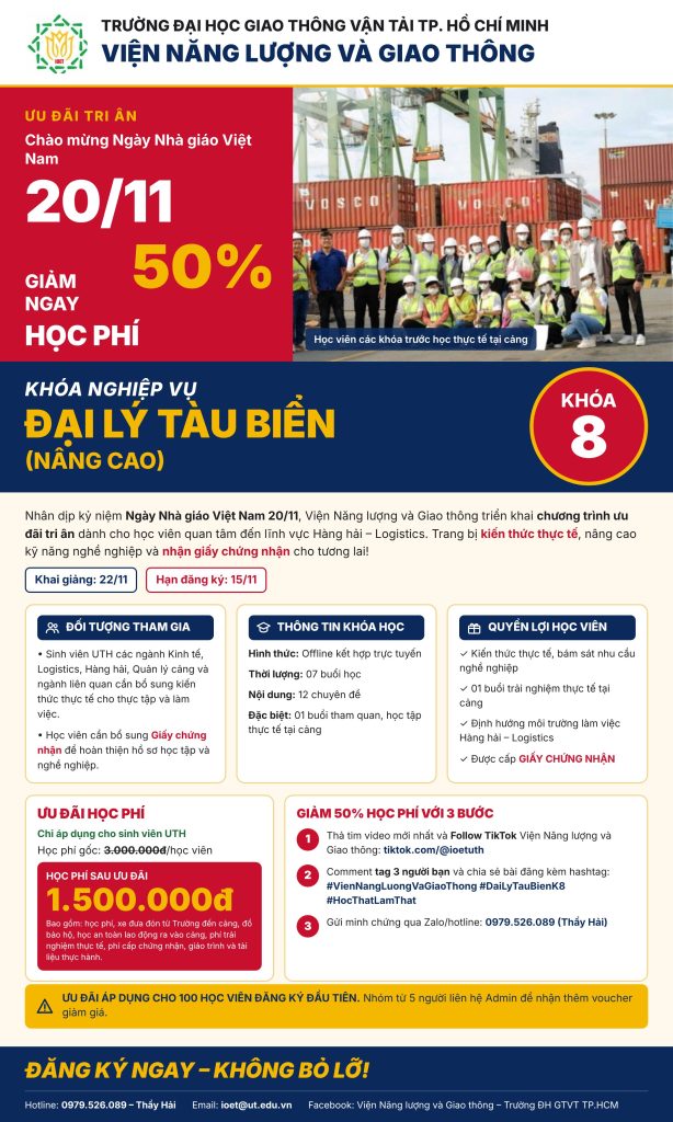 Poster Khóa nghiệp vụ Đại lý tàu biển (Nâng cao) – Khóa 8, ưu đãi tri ân 20/11 giảm 50% học phí